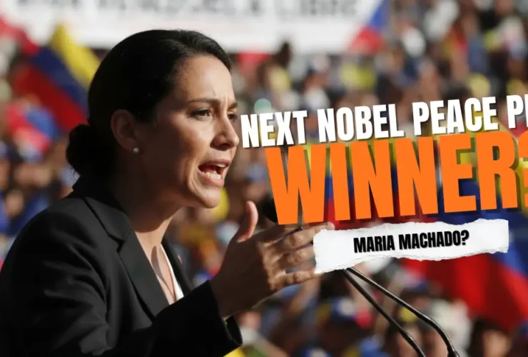 Venezuelan opposition leader Maria Machado, a top contender for the Nobel Peace Prize, addressing a crowd.