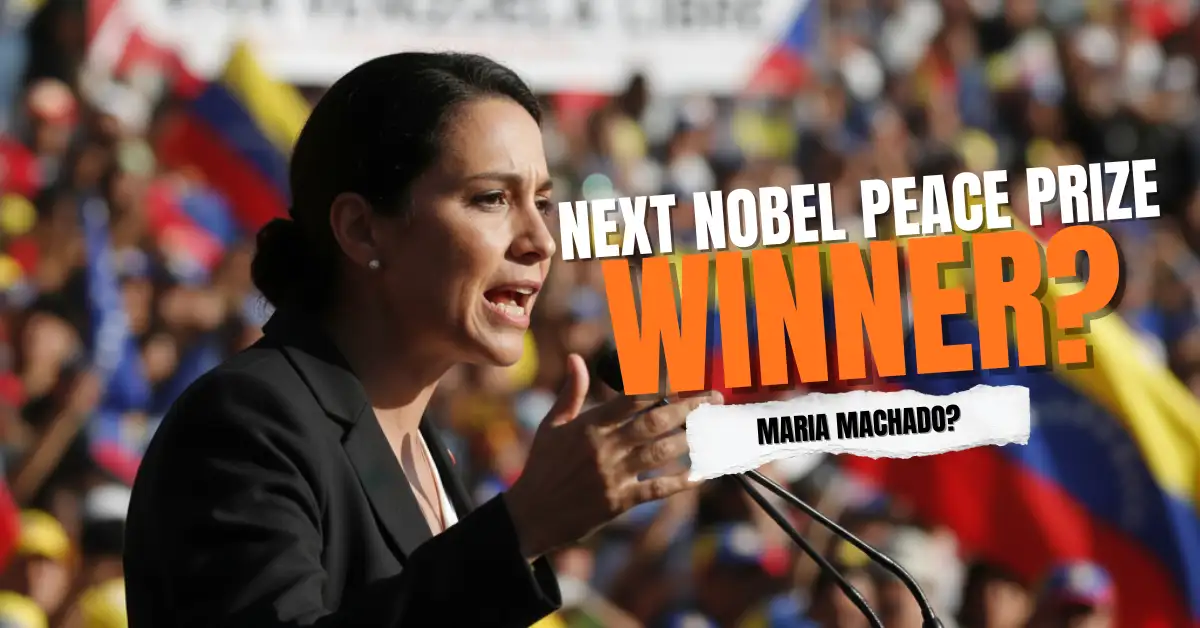 Venezuelan opposition leader Maria Machado, a top contender for the Nobel Peace Prize, addressing a crowd.