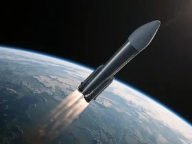 The SpaceX Starship rocket in flight high above the Earth after its successful launch, a crucial step for deep space exploration. SpaceX Starship launch
