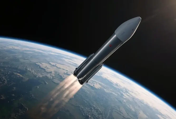 The SpaceX Starship rocket in flight high above the Earth after its successful launch, a crucial step for deep space exploration. SpaceX Starship launch