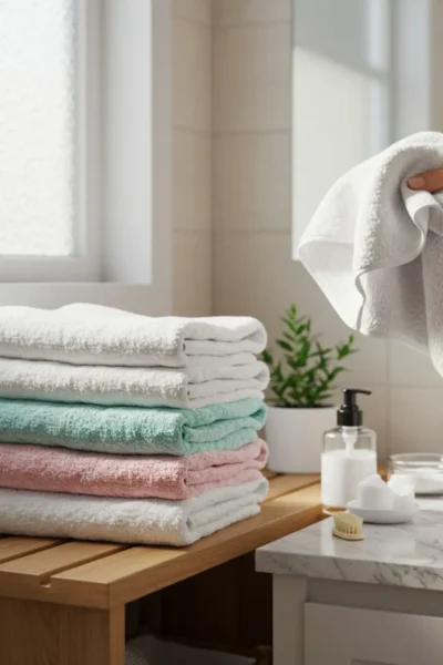 Fluffy clean towels being properly washed and maintained for hygiene and softness