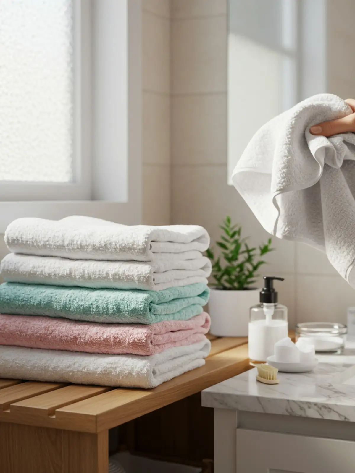 Fluffy clean towels being properly washed and maintained for hygiene and softness